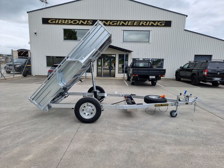 Hydraulic tipping galvanised trailer designed and manufactured by Gibbons Engineering for efficient unloading and transport work.