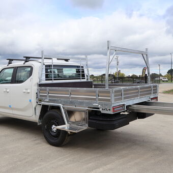 Aluminium flat deck ute tray with integrated slide out rear drawer system custom built by Gibbons Engineering.